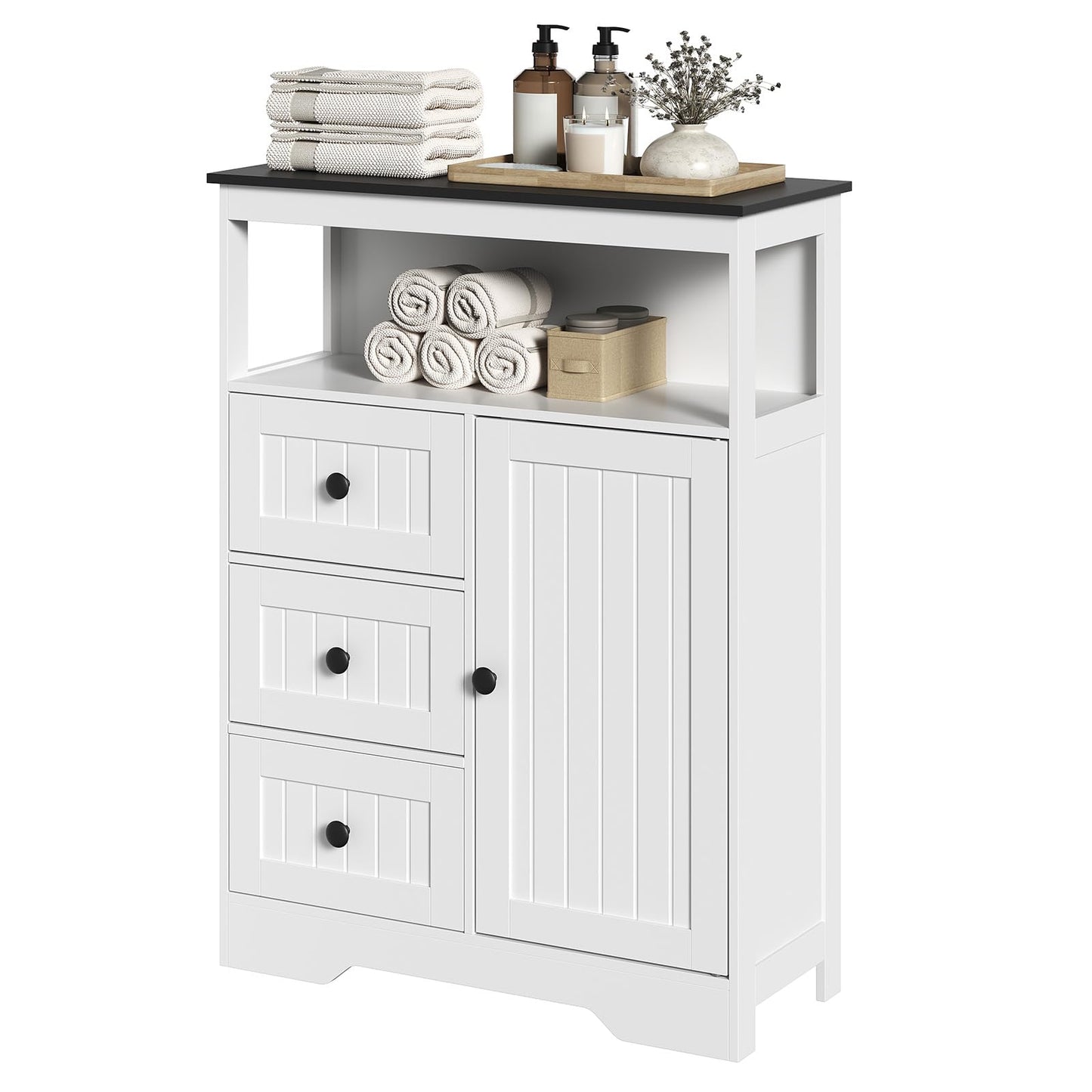 HOOBRO 28.3" Bathroom Storage Cabinet, Large Floor Cabinet, Freestanding Bathroom Storage Unit, 1 Cupboard and 3 Drawers, Adjustable Shelf, 28.3" L x 11.8" W x 37.8" H, White and Black