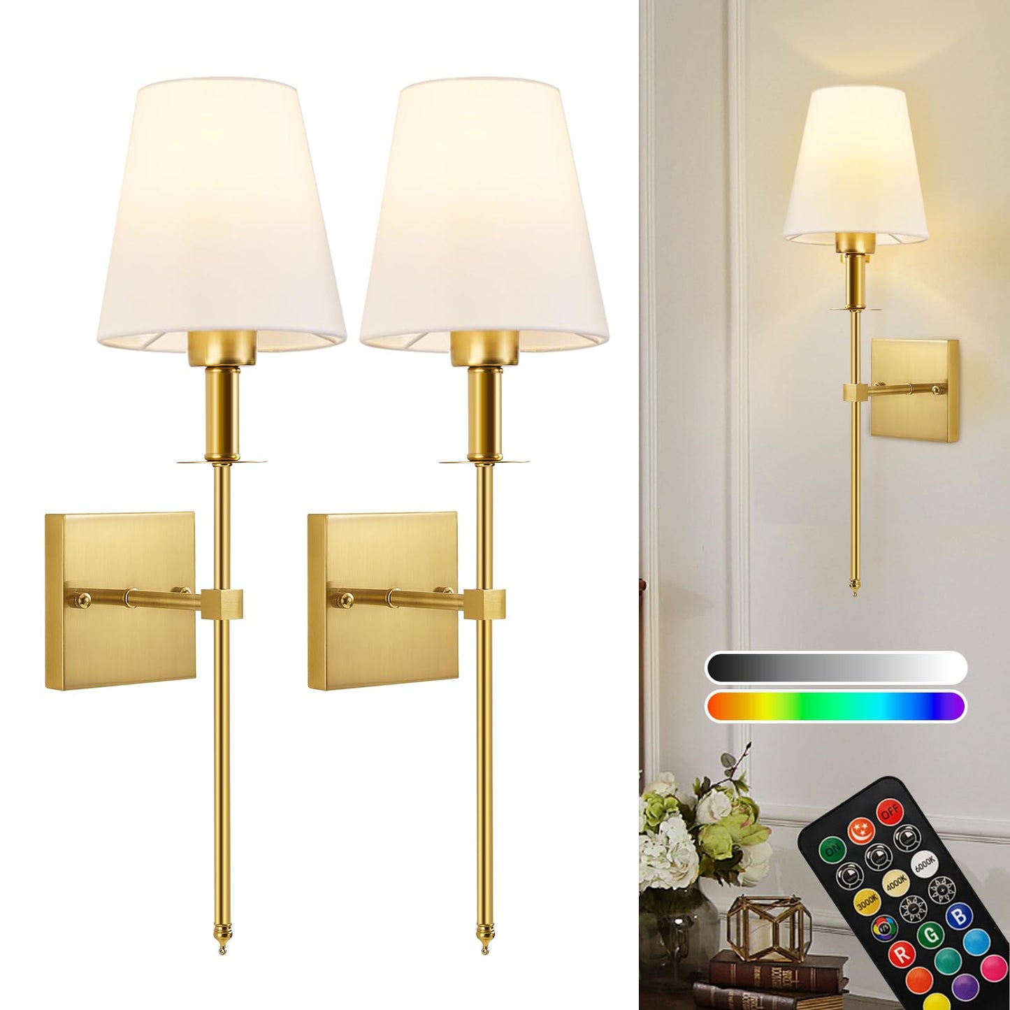 KARTOOSH Battery Operated Wall Sconce Set of Two, Rechargeable Wireless Wall Lights with Remote Control,Dimmable,3000K/4000K/6000K, RGB,Timer, No Wired Sconces for Bedroom,Living Room,Fireplace,Brass