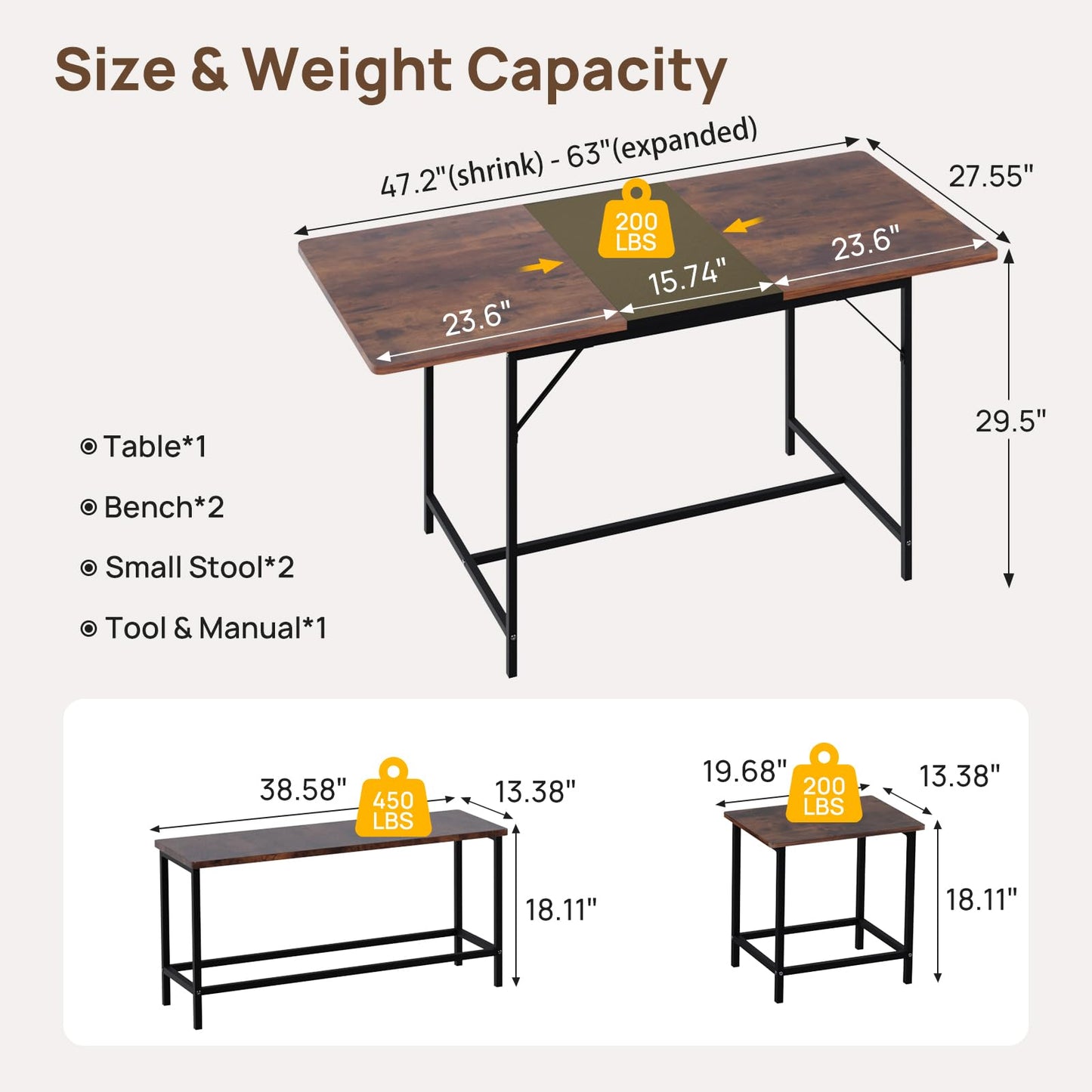 amzzar 5 Piece Dining Table Set for 4-6, 63" Extendable Dining Room Table with 2 Benches & 2 Stools, Farmhouse Kitchen Table and Chairs with Metal Frame & MDF Board,Space-Saving, Rustic Brown