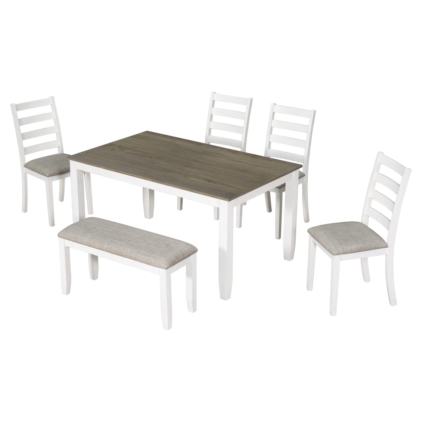 Merax 6 Piece 60in Dining Set for Home, Kitchen, Dining Room, Rectangular Table Set with 4 Upholstered Chairs & a Bench, Rubber Wood Dining Room Table Set for 6 (Brown + Whitewash, Rustic Style)