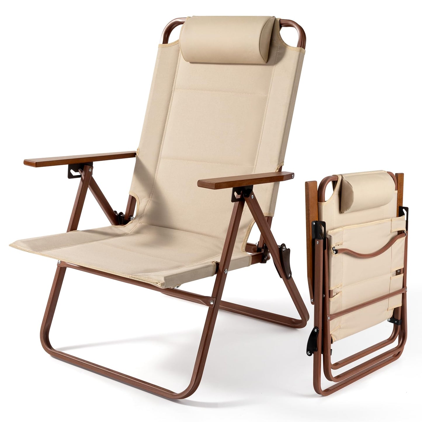 LUCKPRO Folding Beach Camping Chair with Pillow for Adults - 3 Position Recliner Portable Camping Chairs Compact Fold Extra Wide Seat Outdoor Folding Chairs for Backyard, Patio Chairs & Travel