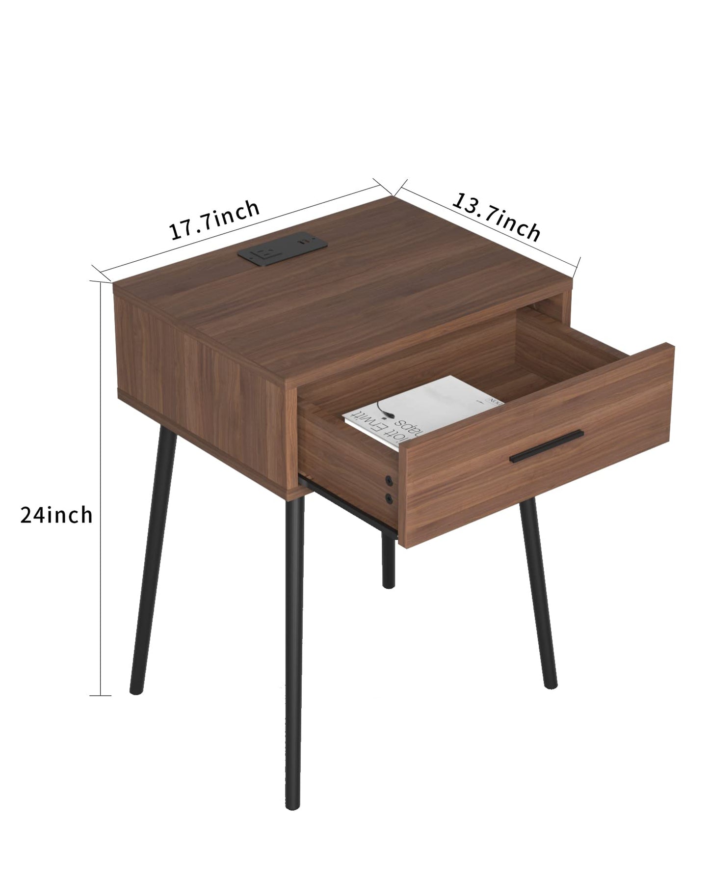 HAIOOU Set of 2 Mid Century Nightstand with Charging Station, End Table Modern Side Table One Drawer with Premium Matte Black Handle and Pine Wood Legs for Home Bedroom Living Room (NS003X)