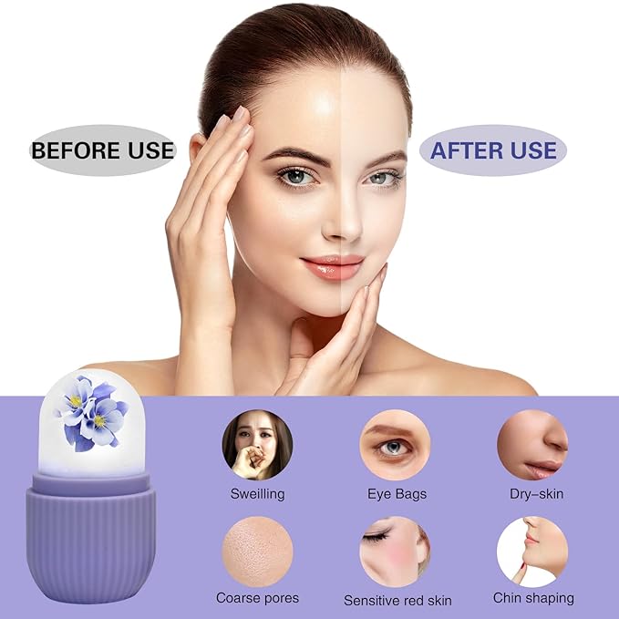Ice Roller for Face,Silicone Facial Massage Ice Mold,Ice Cube Mold for Face Eye and Neck,Naturally Tone and Tighten Skin,de-puff Eye Bags,Reusable Beauty Ice Facial Roller for Woman Gift (Purple)