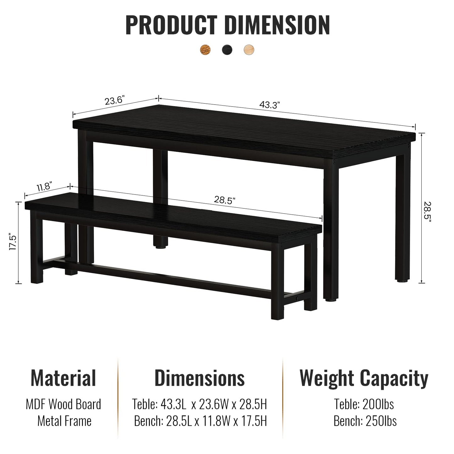 AWQM Dining Room Table Set, Kitchen Set with 2 Benches, Ideal for Home, and Room, Breakfast of 43.3x23.6x28.5 inches, Benches 38.5x11.8x17.5 Black