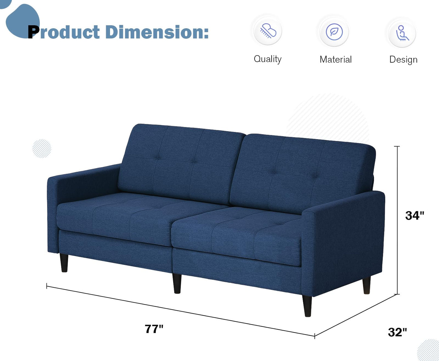 Lesofair 77" Linen Fabric Sofa Bed with Adjustable Backrests, Convertible Loveseat Sofa with Storage Space, Modern Sleeper Couch with Wooden Legs for Living Room, Bedroom, Blue