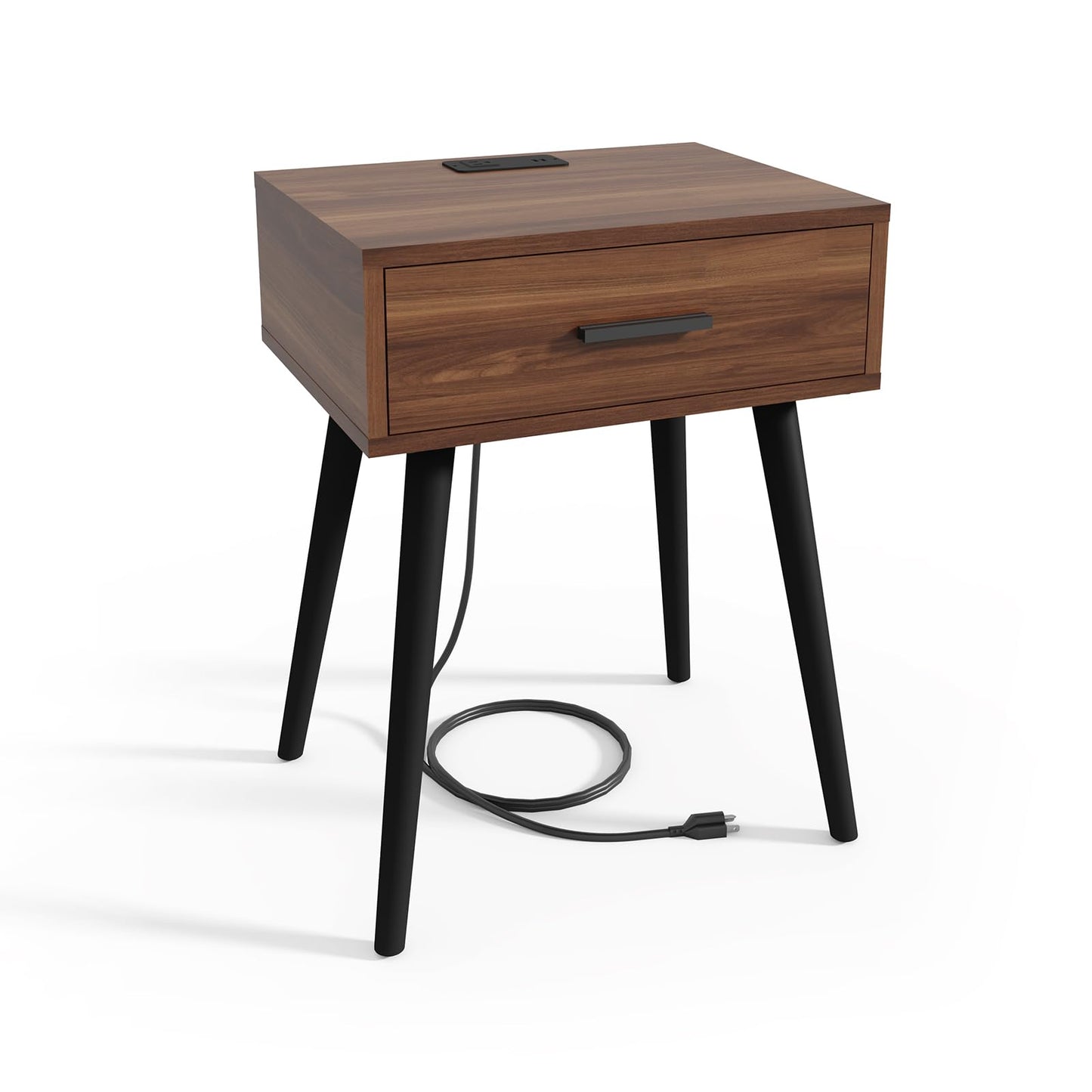 HAIOOU Set of 2 Mid Century Nightstand with Charging Station, End Table Modern Side Table One Drawer with Premium Matte Black Handle and Pine Wood Legs for Home Bedroom Living Room (NS003X)