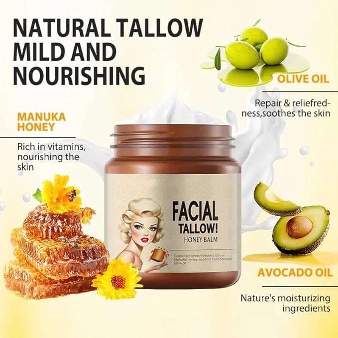 Beef Tallow for Skin, Grass Fed Beef Tallow Honey Balm Natural Organic Beef Tallow for Face Deeply Moisturizer For Body & Dry Skin（3.71Oz）