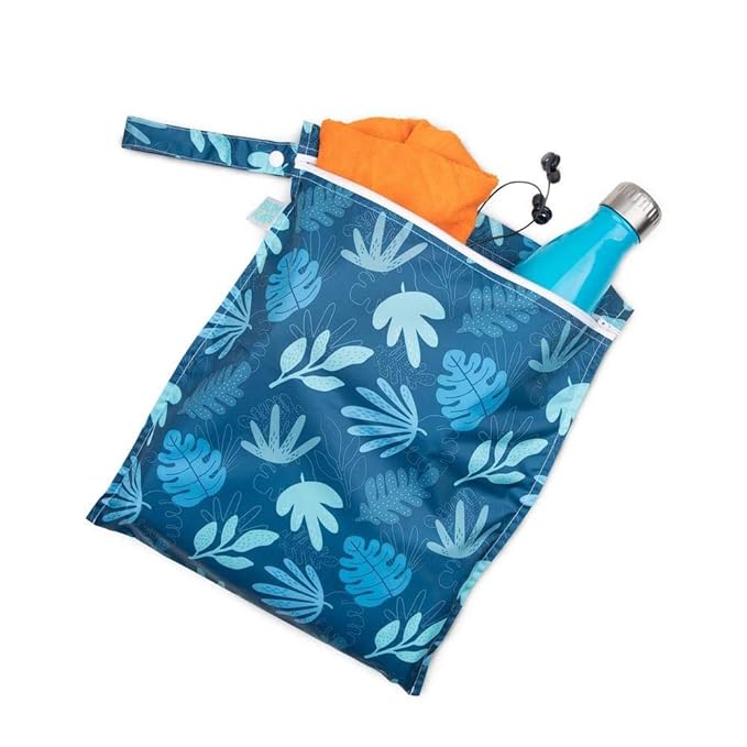 Bumkins Waterproof Wet Bag, Washable, Reusable for Travel, Beach, Pool, Stroller, Diapers, Dirty Gym Clothes, Wet Swimsuits, Toiletries, 12x14 – Blue Tropic