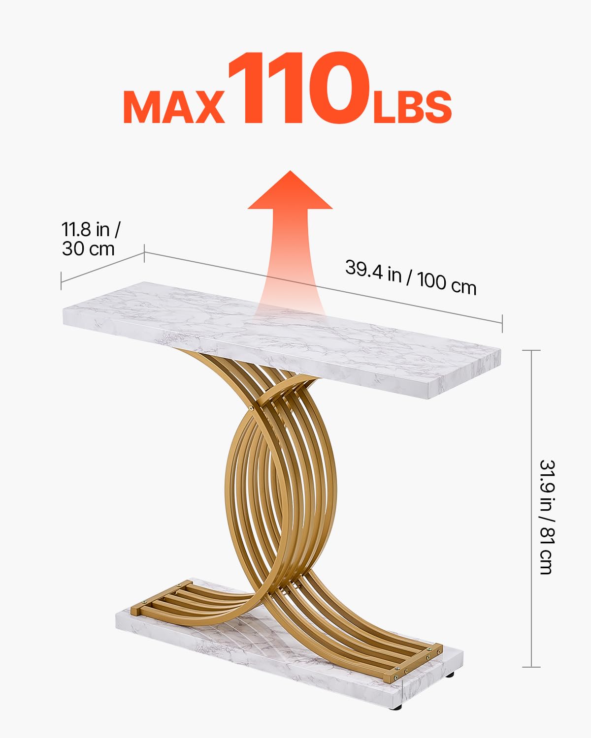 VEVOR Entryway Table, 39.4 Inch Gold Console Table, Narrow Console Table with Metal Frame, Modern Console Sofa Table for Living Room, Entryway, Hallway