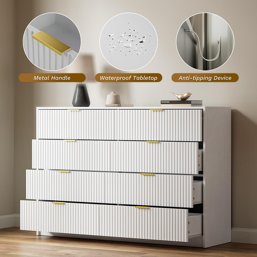 MAISONARIA White Dresser for Bedroom, 8 Drawer Double Dresser, Modern Chest of Drawers for Bedroom, Living Room, Entryway and Closet, 55" L x 15.7" D x 37.4" H