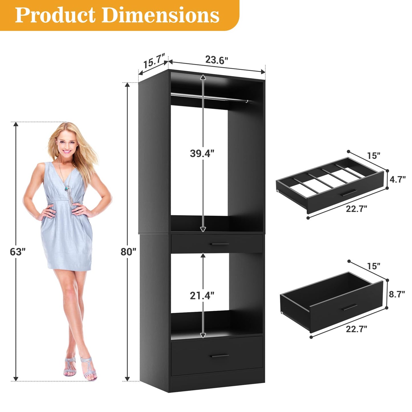 Homieasy Closet System Organizer with Hanging area, Pants Rack & Drawer – Expandable & Sturdy Modular Closet Storage Unit, Customizable Wardrobe Organizer for Bedroom or Walk-In Closet, Black