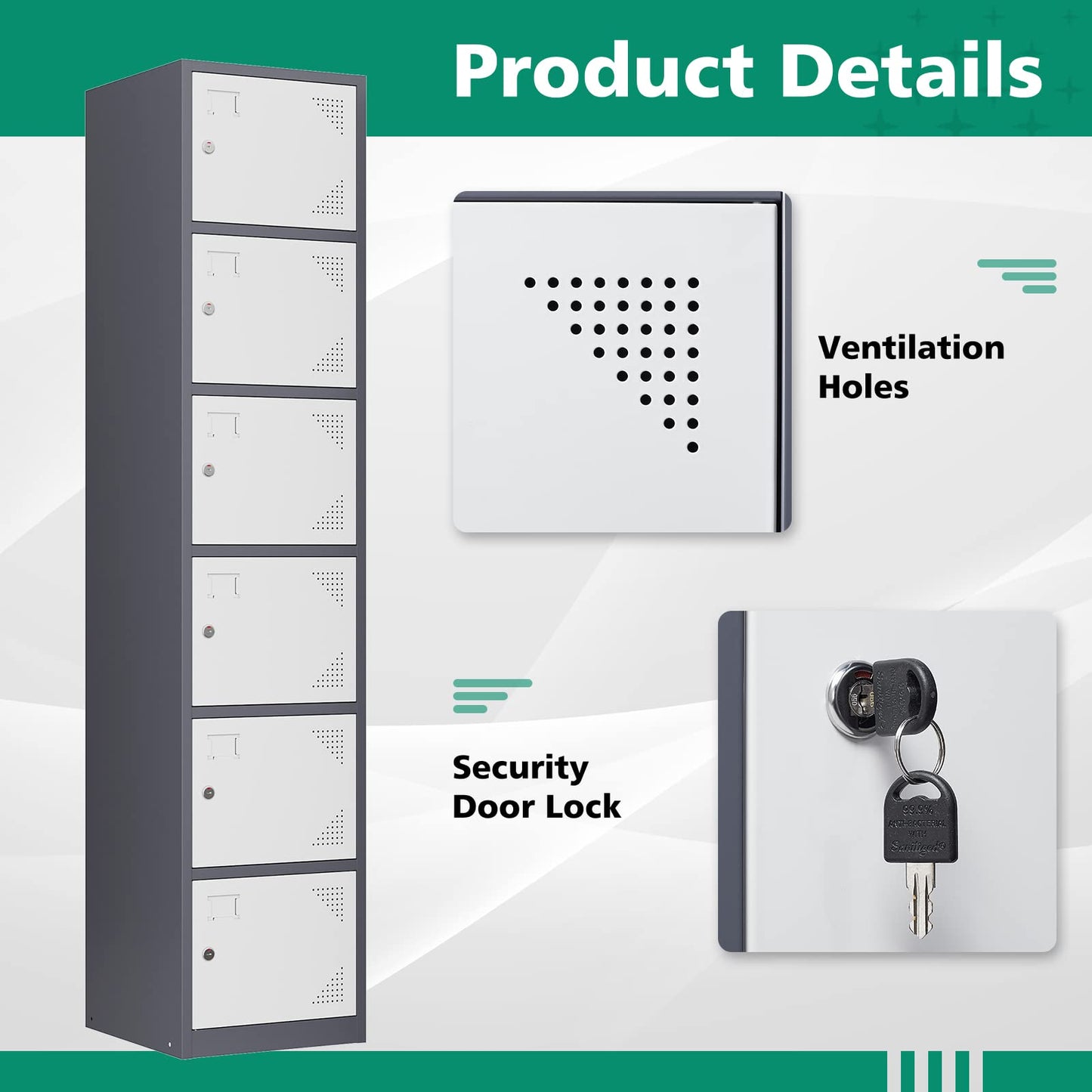 Letaya Metal Lockers for Employees,71" Steel Storage Cabinet with 6 Door Lockable for Office Staff,Home,Gym,School (Grey White)