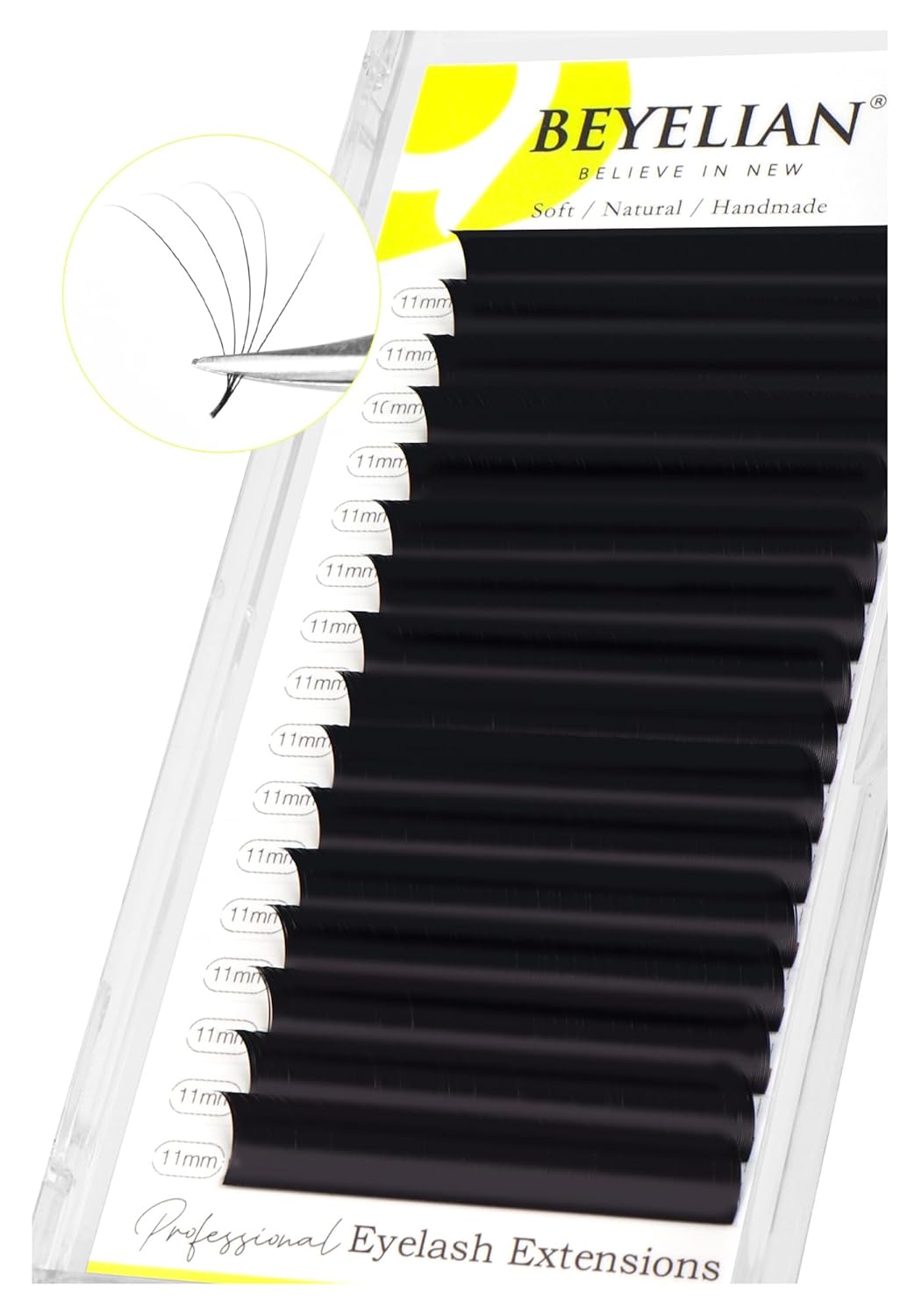 BEYELIAN Eyelash Extension 0.05 C Curl11mm Tray Easy Fan Lash Extensions Volume Lashes 100°/212°F High Temperature Resistant Classic Professional Use Natural Matte Black (0.05 C 11mm)