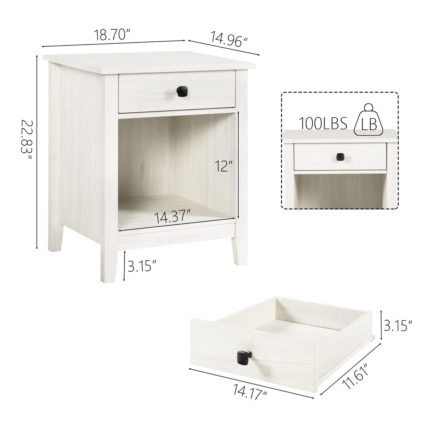 LTMEUTY Wood Nightstand Set - Set of 2 White Nightstands with Drawers for Bedroom Bedside Table, Tall Night Stand with One Drawer & Open Cabinet