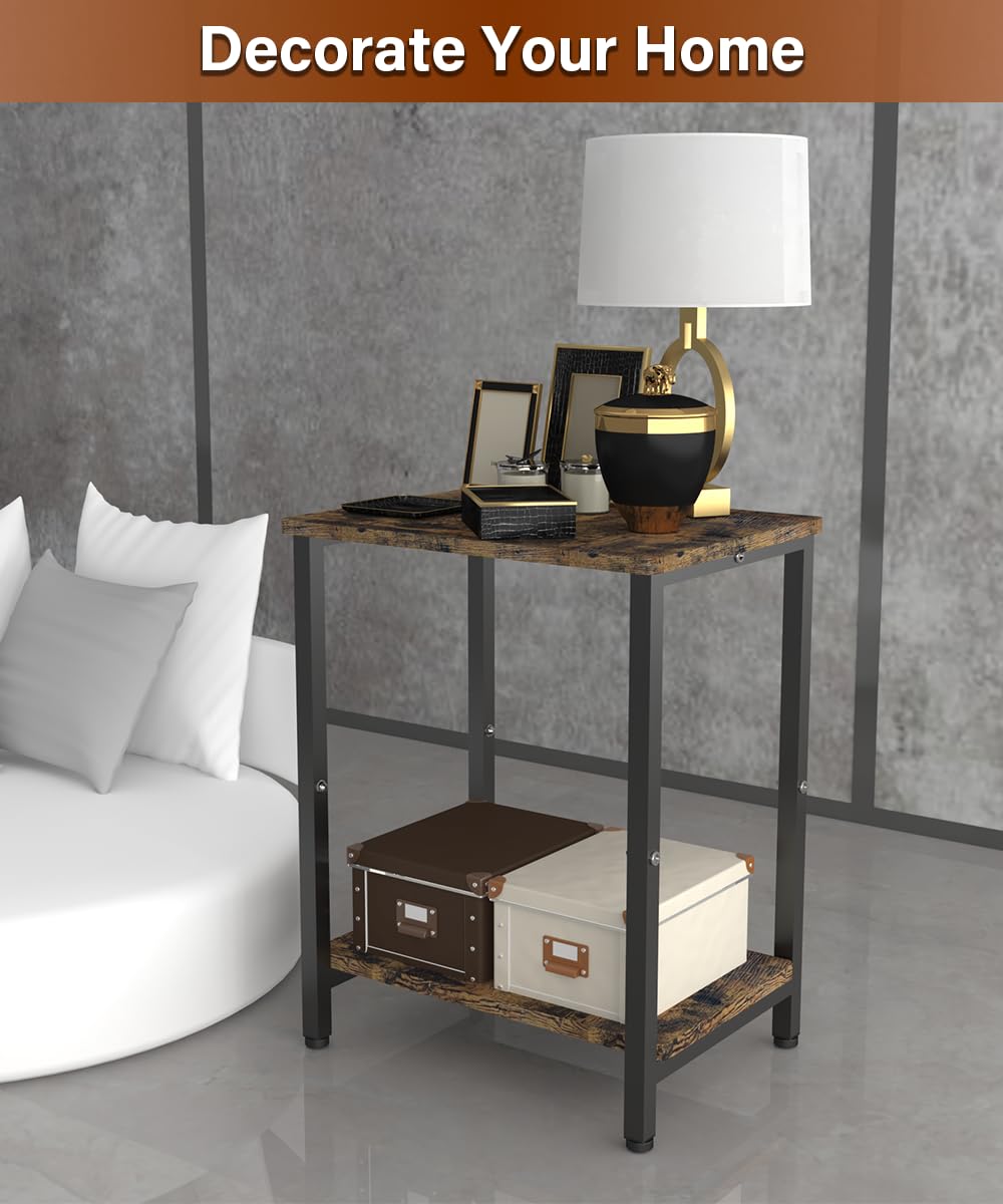 Tigerden 2 Tier Side Table, Heavy Duty End Table with Shelves, Narrow nightstand Table for Small Spaces, Record Player Table for Bedroom, Living Room, Sofa Couch - Rustic Brown & Black