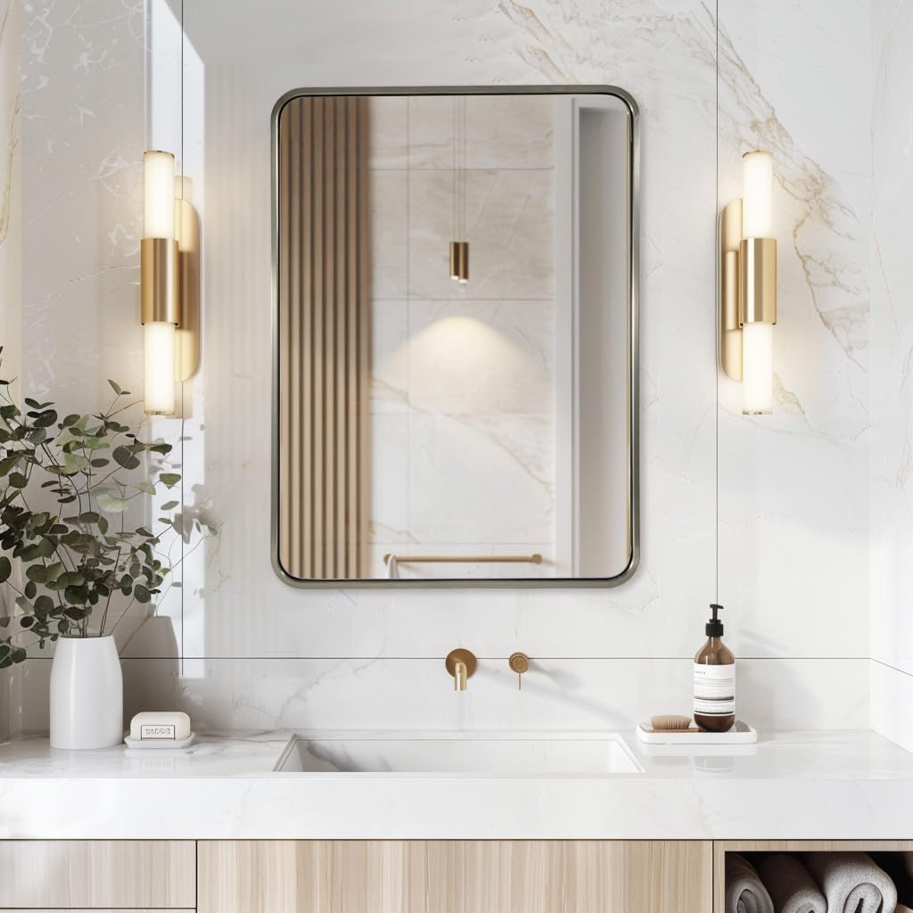 ANDY STAR Brushed Nickel Bathroom Mirror, 22x30'' Rounded Rectangle Modern Vanity Mirror, SUS304 Metal Tube Framed, Rustproof, 1'' Deep, Wall Mounted Vertically/Horizontally