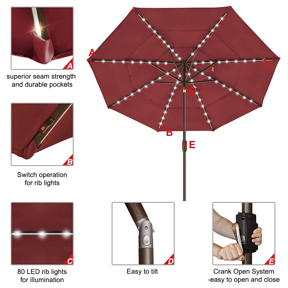 EliteShade USA 10-Year-Non-Fading Solar 9ft 3 Tiers Market Umbrella with 80 LED Lights Patio Umbrellas Outdoor Table with Ventilation,Burgundy