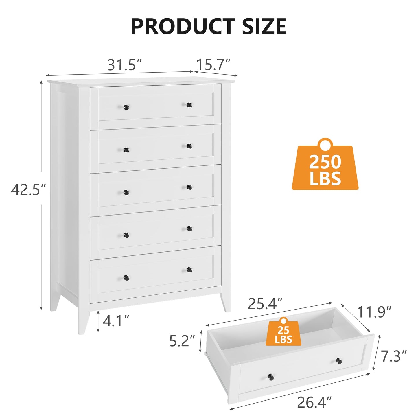 GarveeHome White Drawer Dresser for Bedroom, 5 Chest of Drawers, Modern Wood Tall Dresser Cabinet, Organizer Drawers for Closet, Living Room, Hallway, Entryway