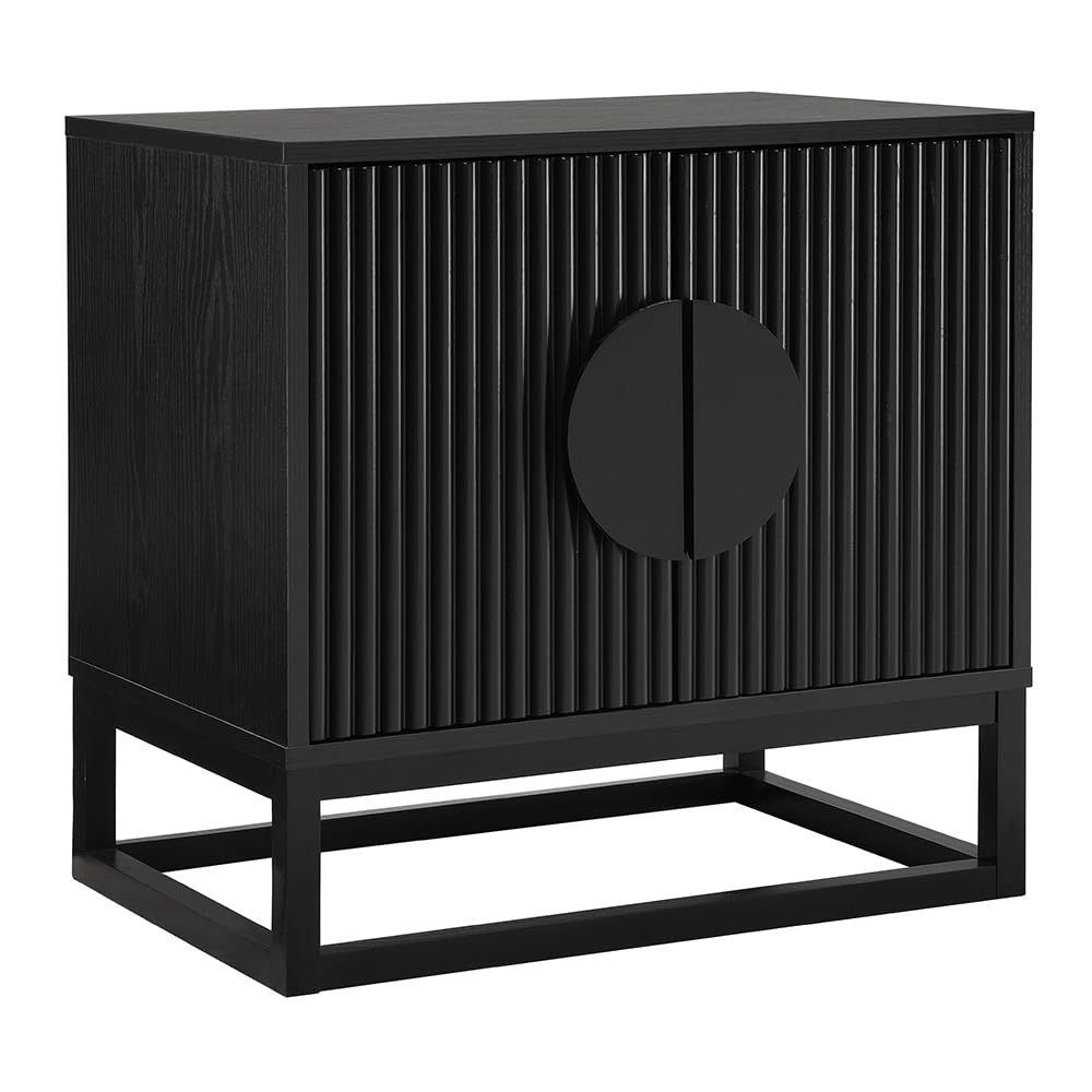 conifferism Modern Black Night Stand 24" Wide with Solid Wood Doors, Bedroom Nightstand 24" Tall Bedside Tables, Mid Century Vintage Fluted Sofa End Side Table Living Room
