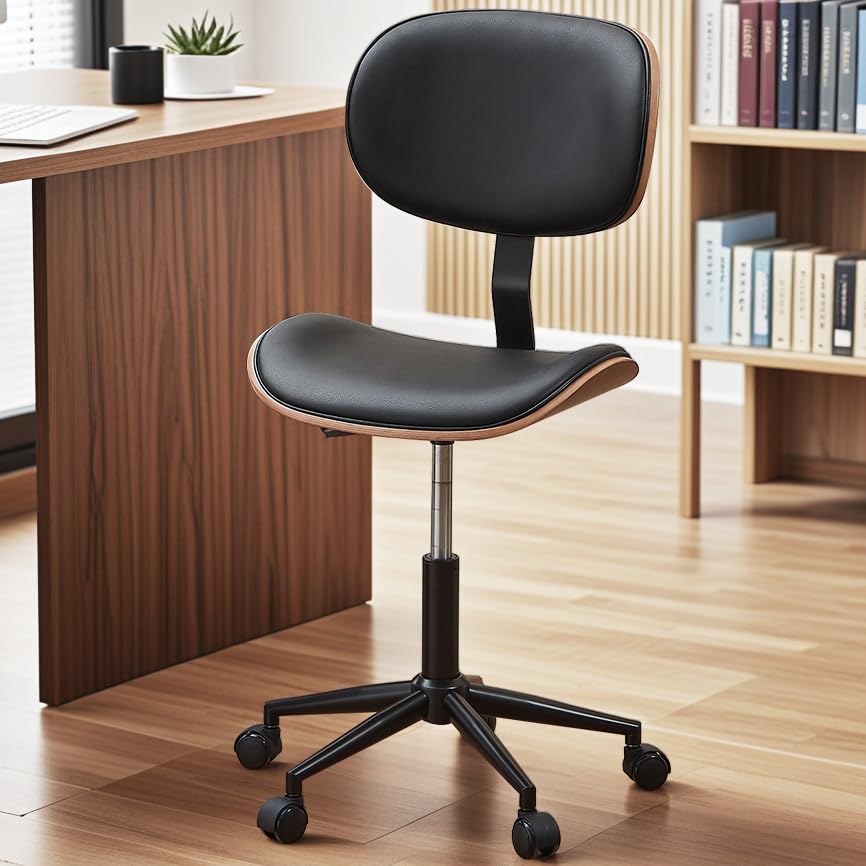 Bestier Small Office Chair with Bentwood Back Support, Armless Desk Chair with 360° Swivel, Height Adjustable Computer Chair with Wheels, PU Leather Modern for Office, Small Space, Black