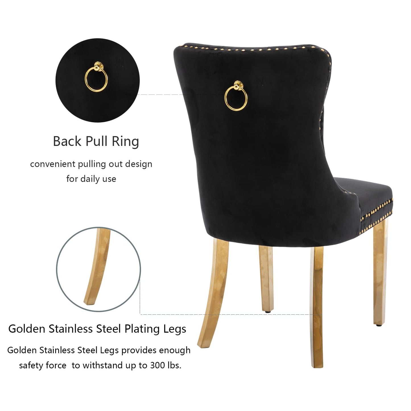 Black Dining Chairs Set of 6,Velvet Upholstered Dining Room Chairs with Back Ring Pull Trim and Golden Stainless Steel Legs,Modern Dining Chairs Perfect for Dining Room,Kitchen(Black)