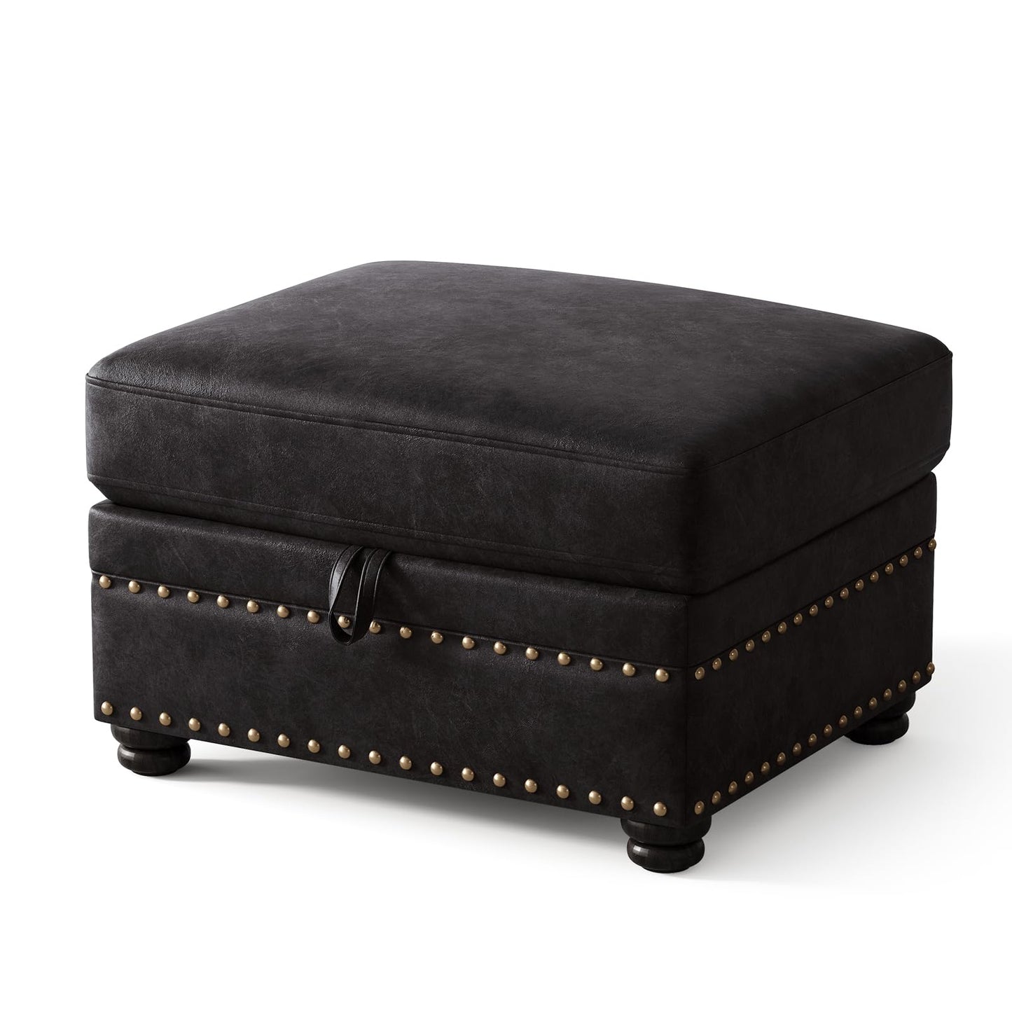 ONBRILL Faux Leather Ottoman with Storage, Rectangle Ottoman Coffee Table with Nailhead Trim, Solid Wood Legs, Oversized Upholstered Footrest Stool for Living Room, Bedroom, Apartment, Black
