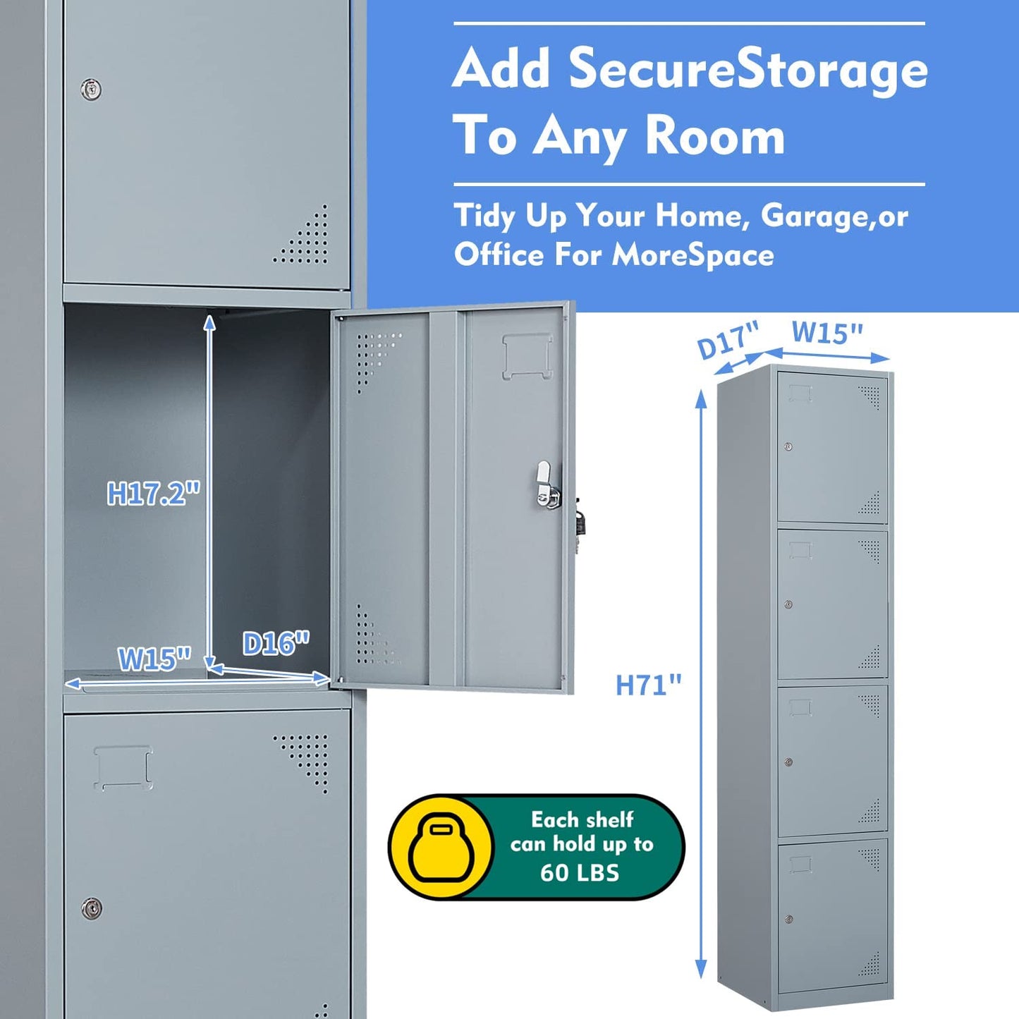 Yizosh Metal Locker for Gym, School, Office, 71" Metal Storage Locker Cabinets for Employees, Students Steel Lockers Four Tier with 4 Doors (Grey)