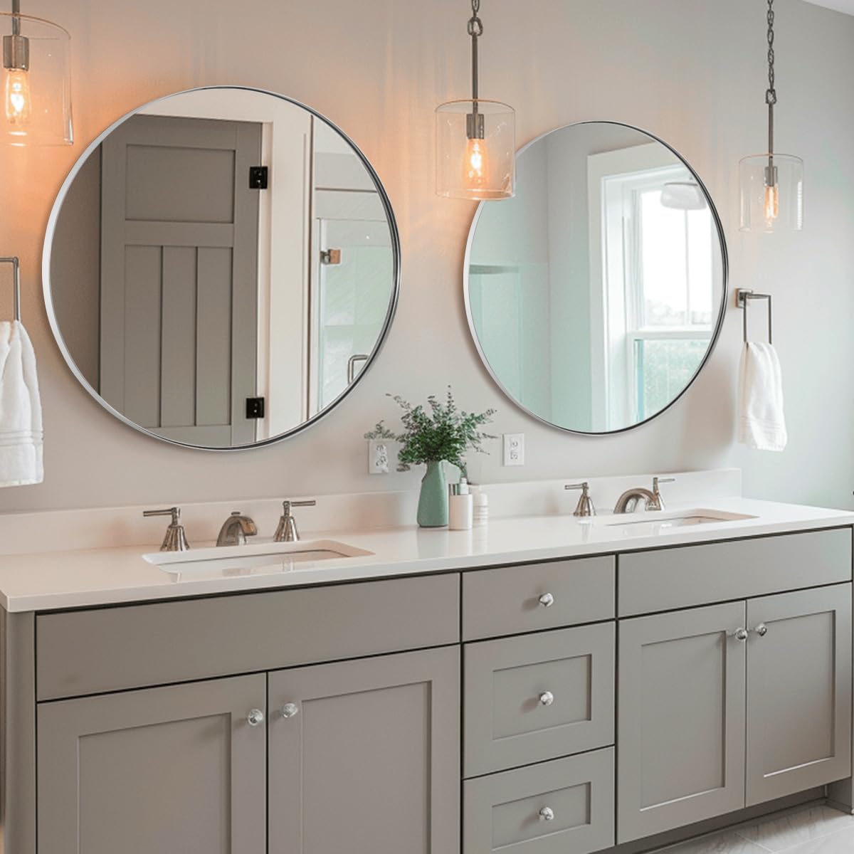 ANDY STAR 36'' Chrome Round Mirror, Polished Silver Round Bathroom Mirror, Big Circle Wall Mirror in Metal Frame, Large Vanity Mirror for Entryway, Living Room, Washrooms