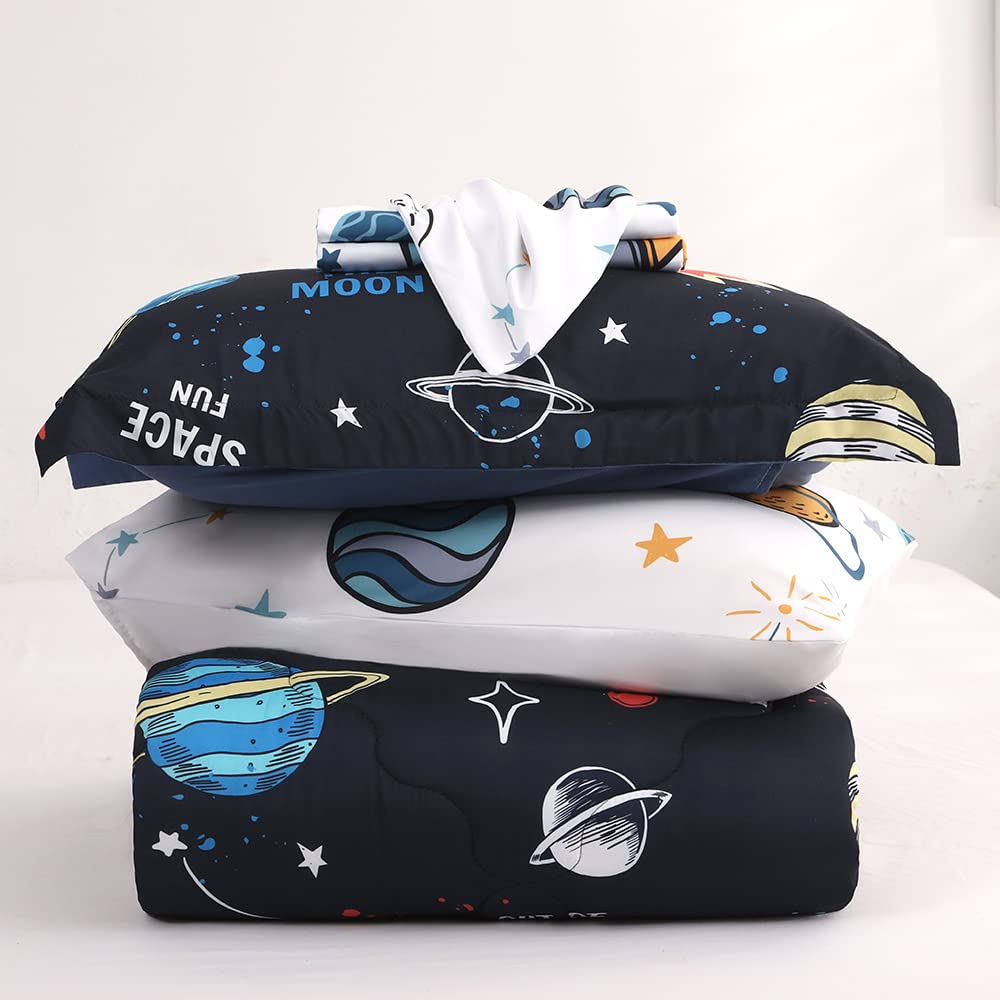 Wajade Kids Space Comforter Set Bed in A Bag Queen Size 7 Piece 3D Space Rocket Planets Bedding Set for Teens Boys Girls (1 Comforter, 1 Flat Sheet, 1 Fitted Sheet, 2 Pillowcase and 2 Pillow Sham)