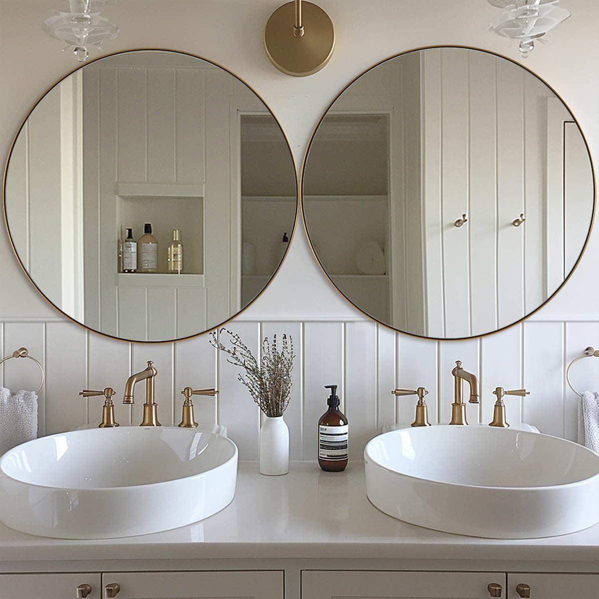 ANDY STAR Gold Round Mirror, 24’’ Brushed Gold Circle Bathroom Mirrors in Stainless Steel Metal Frame 1" Deep Set Design