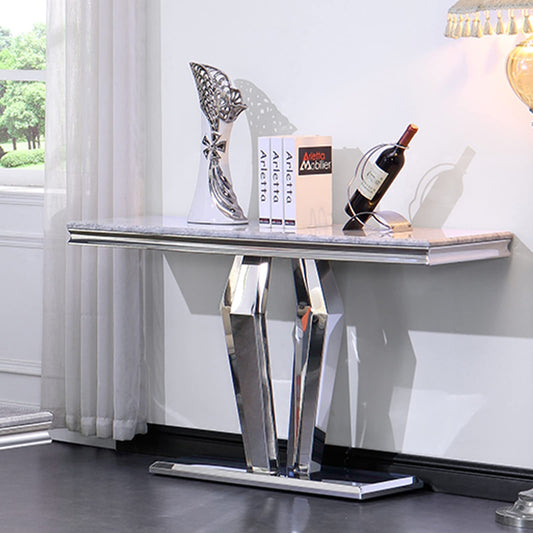 ACEDÉCOR Silver Console Table, Mirrored Sofa Table with Geometric Base, 50 inch Rectangular Grey Console Table for Entryway, Living Room, Office, Coffee Bar, Front Hall, Hallway