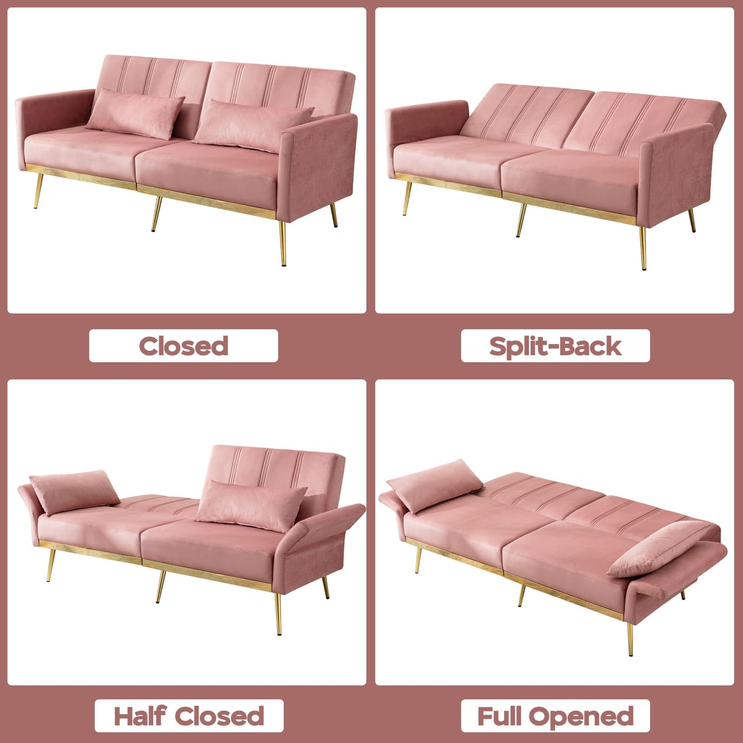 dannratch 70'' Futon Sofa Bed Velvet Convertible Sleeper Sofa Tufted Couch Bed with Adjustable Armrests and Backrest, Modern Loveseat Sleeper Bed with 2 Bolster Pillows for Living Room, Bedroom,Pink
