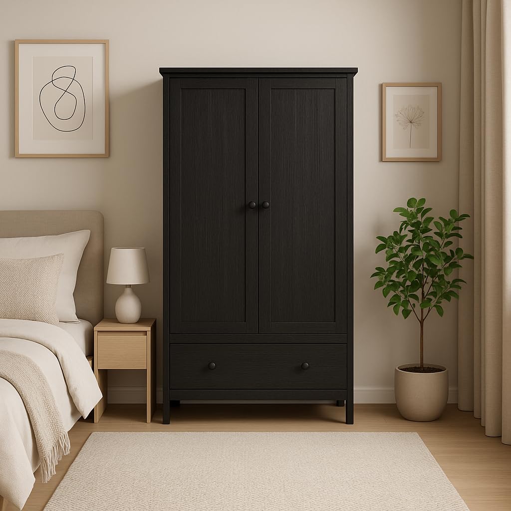 Panana Modern Wooden 2 Doors Wardrobe Double Wardrobe with 1 Storage Drawer Armoires Clothing Storage Cabinet for Bedroom (Black)