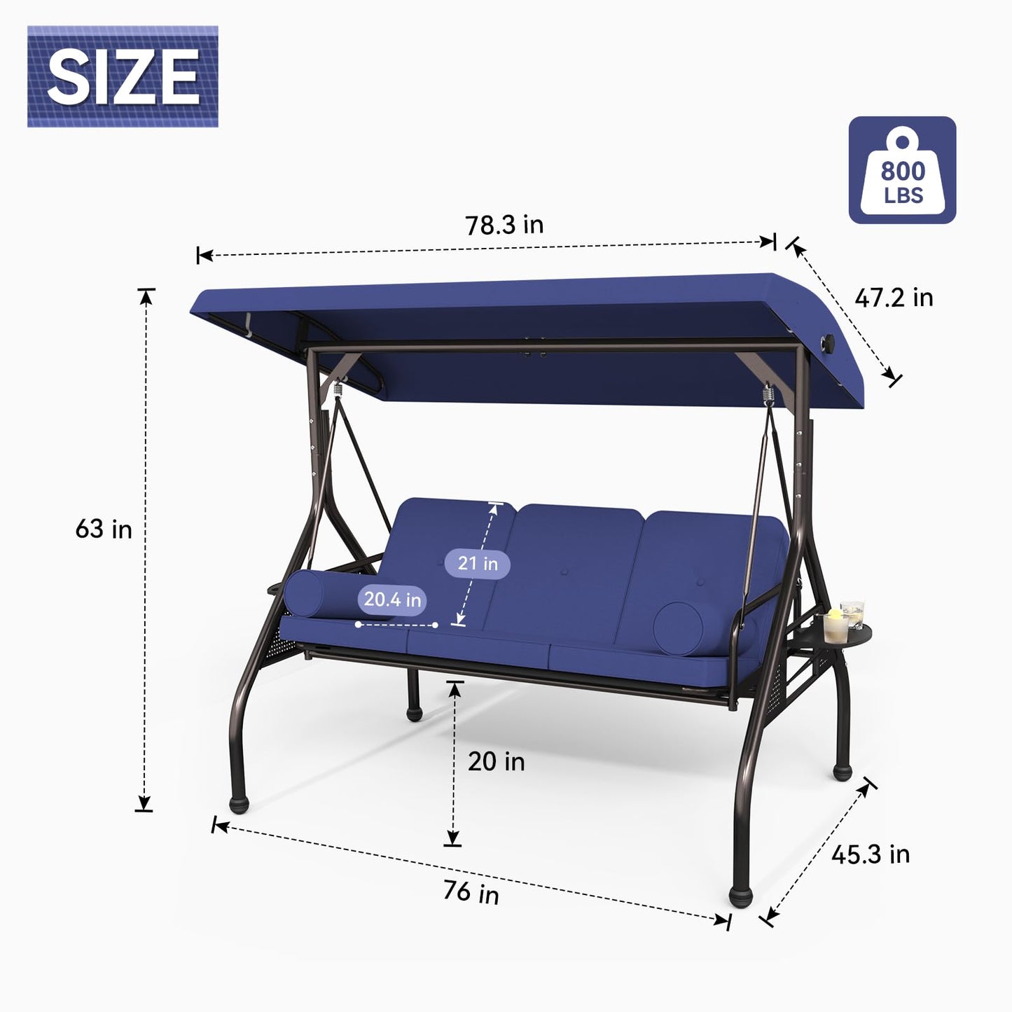Oakcloud 3-Seat Outdoor Porch Swing with Adjustable Canopy, Large Converting Swing Chair, Patio Swing Glider with Pillows & Thick Cushions for Poolside Balcony Backyard (Blue)