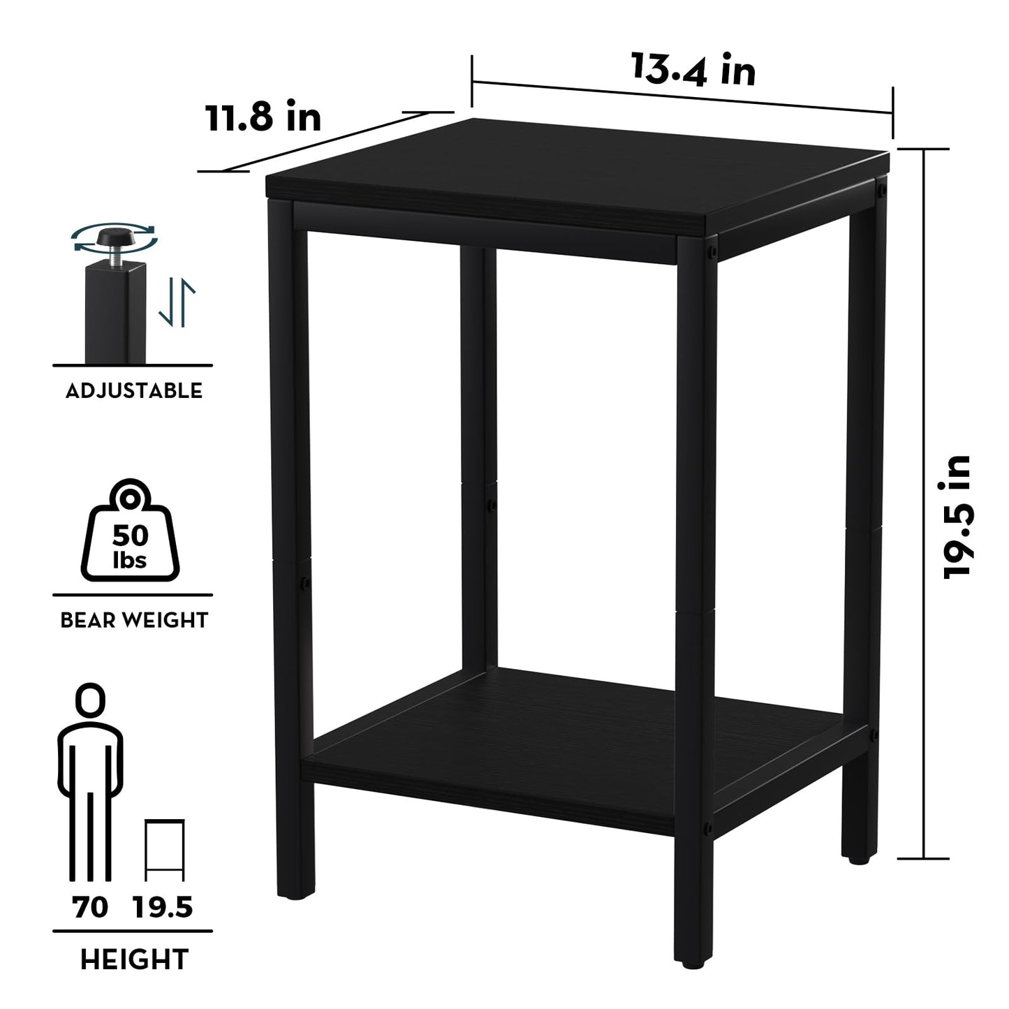 SAYGOER Black End Tables Small Side Table with Storage Wood Night Stand Metal Frames 2 Tier Bedside Table with Adjustable Feet, 1PCS, All Black