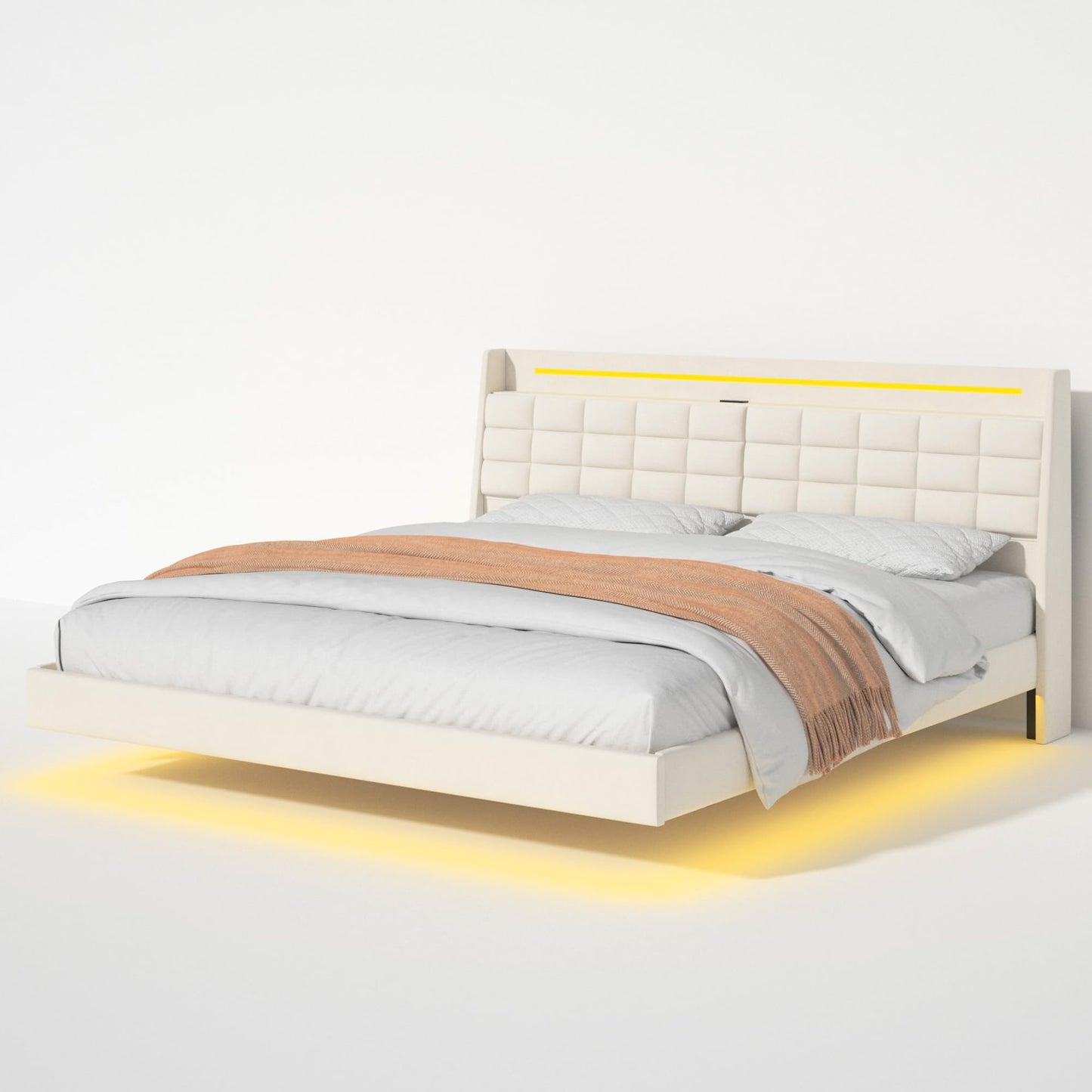 FSTAR King Size Floating Bed Frame with Storage Headboard & LED Lights, Velvet Upholstered Platform Bedframe with Charging Station, Wooden Slats Supports, No Box Springs Needed, Beige