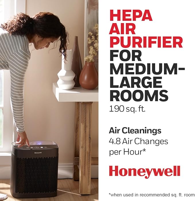 Honeywell InSight HEPA Air Purifier with Air Quality Indicator for Medium-Large Rooms (190 sq ft), Black - Wildfire/Smoke, Pollen, Pet Dander, and Dust Air Purifier