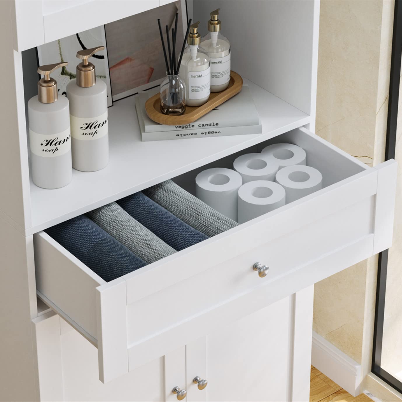 Tall Bathroom Storage Cabinets with Drawer, Modern Linen Cabinet with Doors & Shelves, 67"H Tall Storage Cabinet Freestanding for Bathroom, Living Room, Kitchen & Pantry, Laundry, Narrow Corner, White