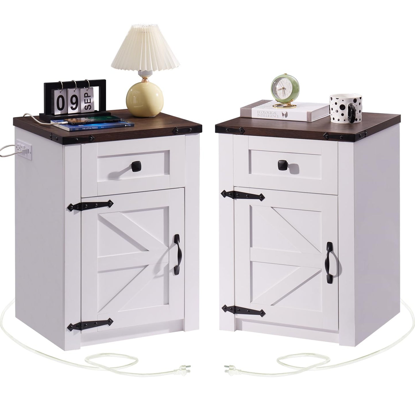 SOOWERY Nightstands Set of 2, Nightstand with Charging Station, Farmhouse End Table with Barn Door and Drawer, Rustic Wood Sofa Side Table for Bedroom, Living Room, White