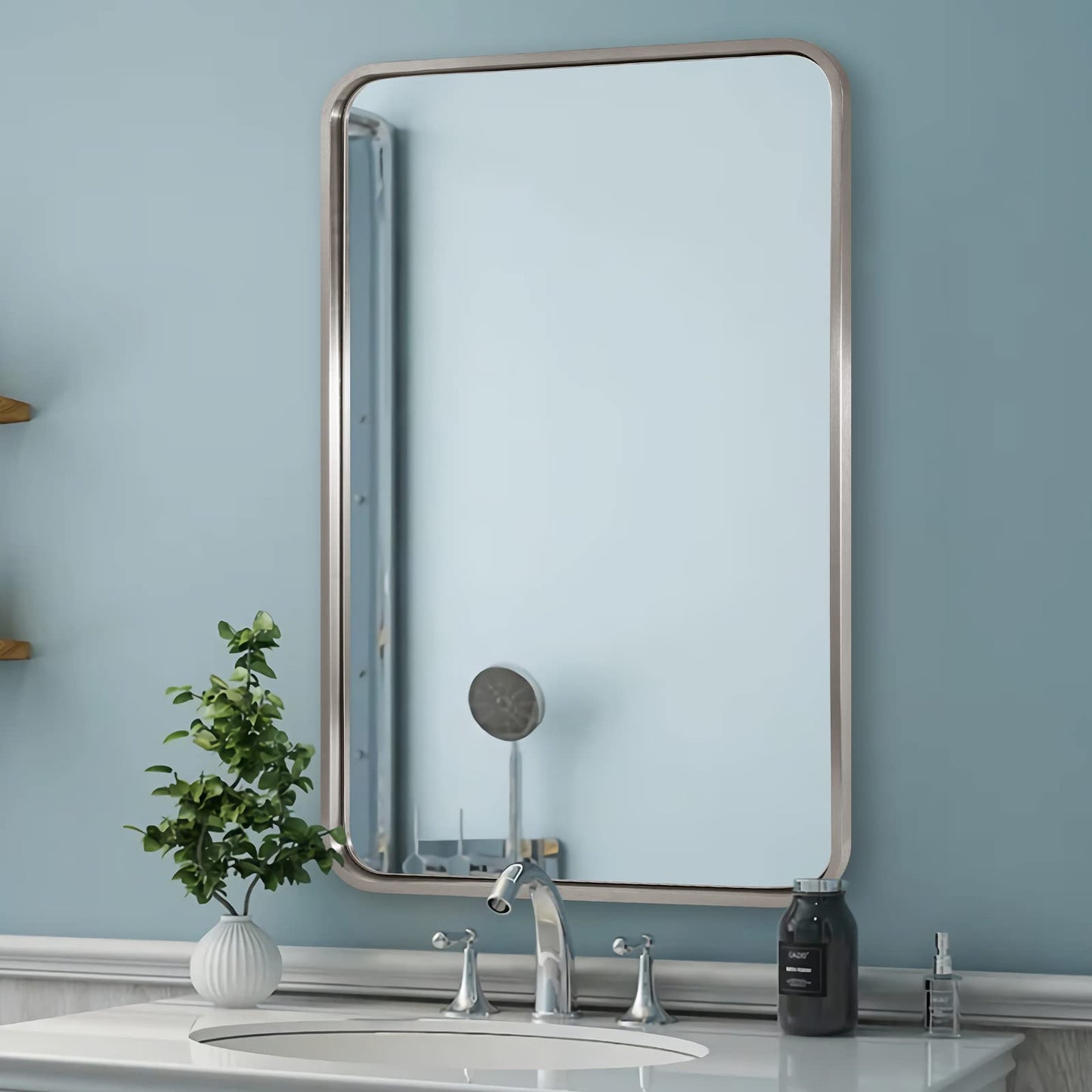 ANDY STAR Brushed Nickel Bathroom Mirror, 22x30'' Rounded Rectangle Modern Vanity Mirror, SUS304 Metal Tube Framed, Rustproof, 1'' Deep, Wall Mounted Vertically/Horizontally