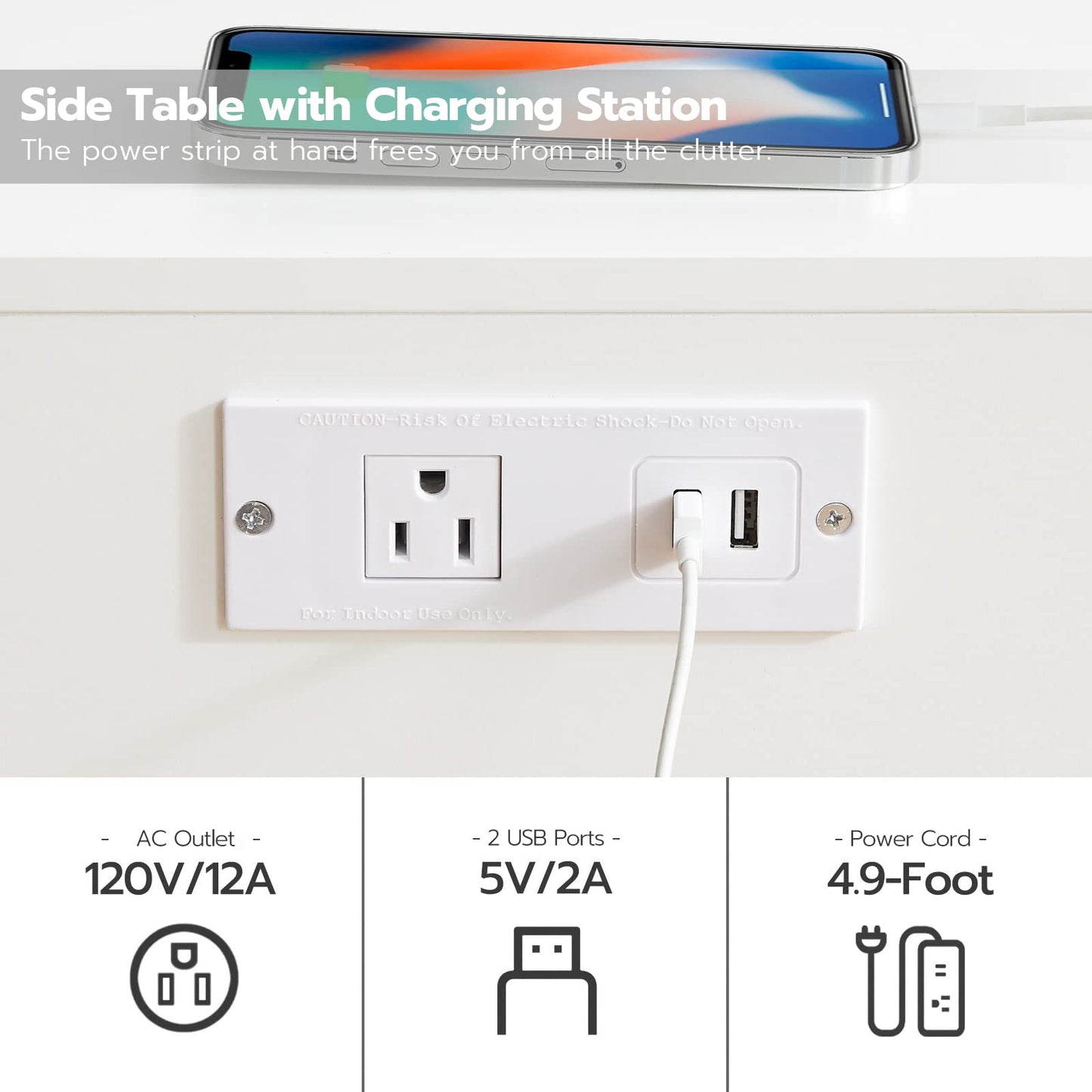 HOOBRO Nightstand with Charging Station, Side Table with USB Ports and Outlet, End Table for Tight Spaces, Solid and Stable, for Office, Bedroom, Study, White and Gold DW88UBZ01