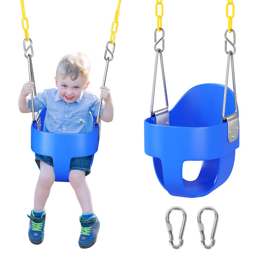 DECORLIFE Toddler Swing Seat, Outdoor Baby Swing with Coated Chains, Heavy Duty High Back Full Bucket Swing Chair with Ant-Loosening Carabiners, Fully Assembled Swingset Accessories for Backyard, Blue