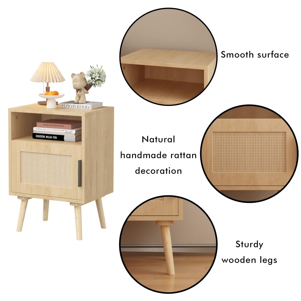 Luxebough Rattan Nightstand, Side Table with Door and Open Shelf for Small Spaces, Accent Boho Night Stand with Solid Wood Legs, Oak Finish Bedside End Table, Premium Handmade Aesthetic, 1 Pack