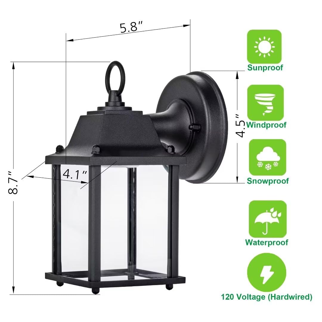 LIT-PaTH Outdoor LED Wall Lantern, Wall Sconce as Porch Lighting Fixture, 5000K Daylight White, 9.5W 800 Lumen, Aluminum Housing Plus Glass, Black Finish, 1-Pack
