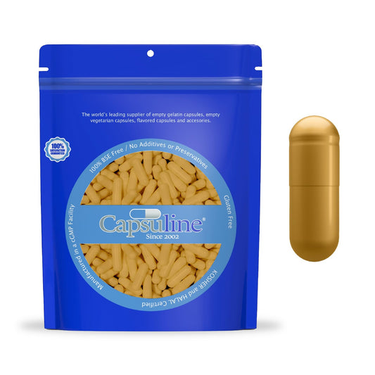 Capsuline Size 0 - Colored Gold Empty Gelatin Capsules - 500 Count - Empty Gel Pill Capsules - DIY Pure Bovine Pill Capsule Filling - Empty Caps - Kosher and Halal Certified