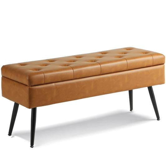 CUYOCA Storage Ottoman Bench, 40" Faux Leather Tufted Entryway Bench, Long Ottoman with Storage for Living Room, Support 660lbs - Cognac Brown