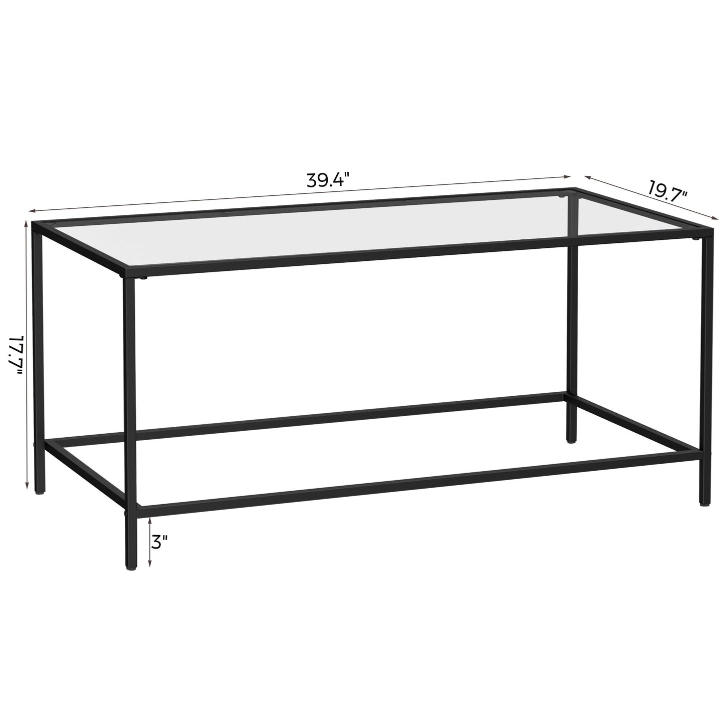 Homleke Glass Coffee Table, Modern Rectangular Coffee Table for Living Room, Minimalist Center Tea Table with Sturdy Metal Frame for Apartment, Office, Easy Assembly, 39.4 x 19.7 x 17.7 Inches, Black