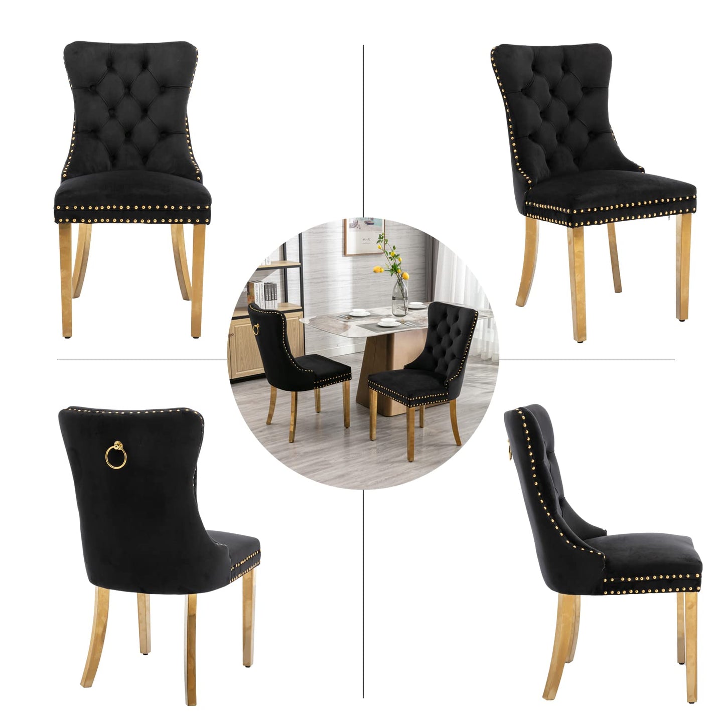 Black Dining Chairs Set of 6,Velvet Upholstered Dining Room Chairs with Back Ring Pull Trim and Golden Stainless Steel Legs,Modern Dining Chairs Perfect for Dining Room,Kitchen(Black)