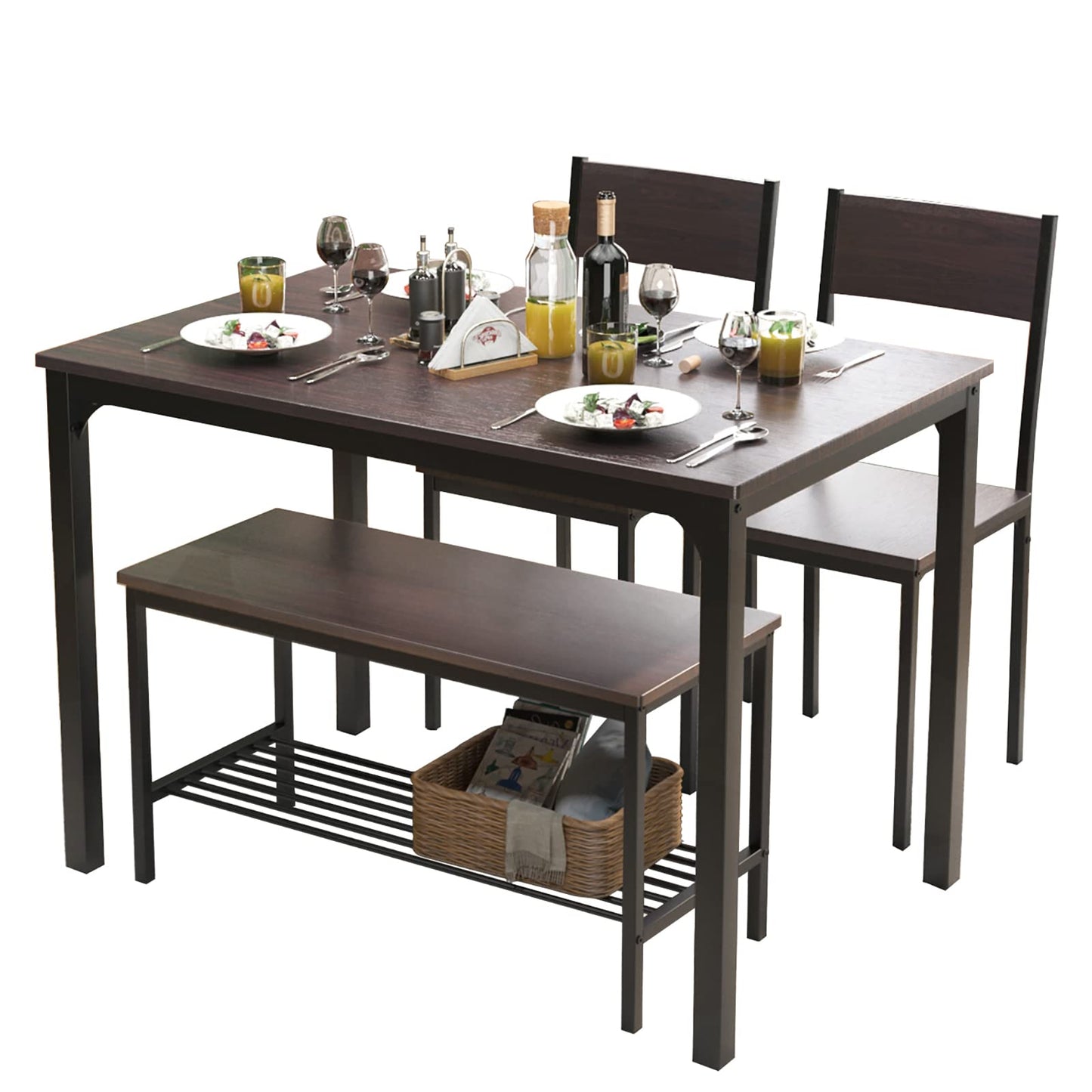 soges Dining Table Set for 4, 43.3 inch Kitchen Table Set with Chairs and Bench, 4 Piece Dining Room Table Set for Small Space, Apartment, Restaurant, Rustic Oak