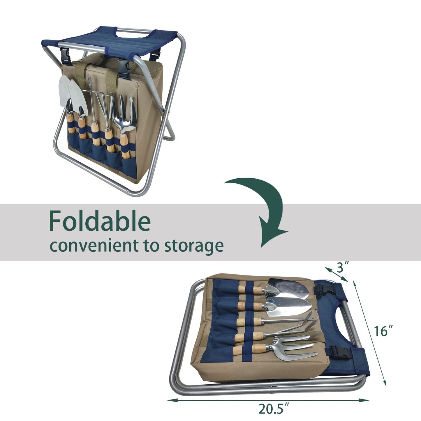 iPreference Garden Folding Gardener Stool with Gardening Tools Insulation Garden Bags Plus 5 Garden Tools and Gardening Kneeler Ideal Gift for Mother's Day/Father's Day (Navy Blue)